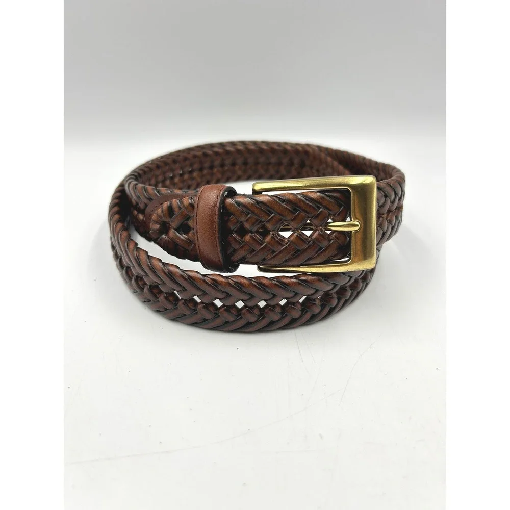 Dockers Braided Belt Brown Mens 38 Leather Woven Gold Buckle 11DO0403 EUC